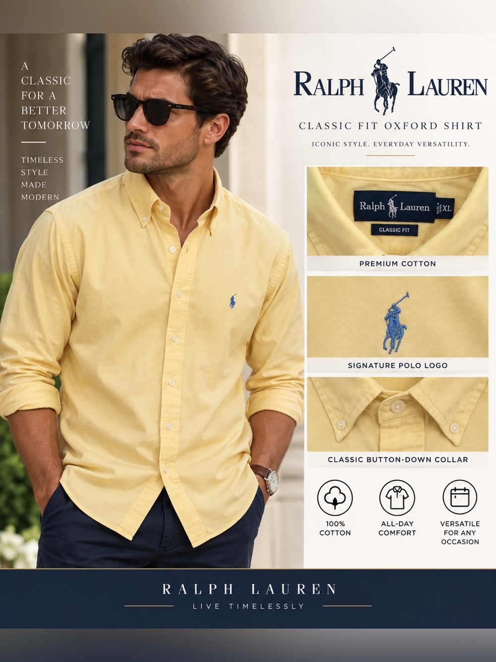 Ralph Lauren Classic Fit Oxford Shirt in Pale Yellow with Blue Logo